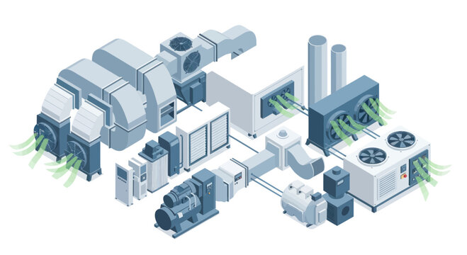 Isometric HVAC System Illustration for Industrial Climate Control.