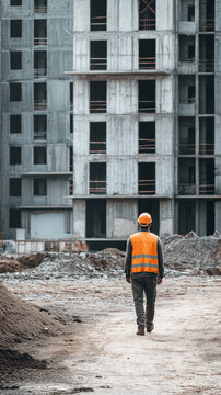 Construction worker walking on building site, developing new buildings and urban infrastructure