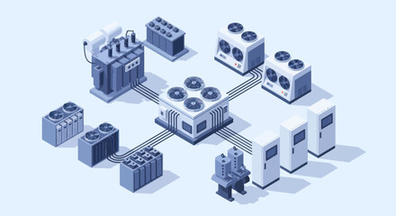 Fototapeta premium Isometric illustration of a data center network with various server racks and cooling units.