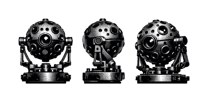 Planetarium projector with spherical housing and multiple lens apertures, depicted as a single realistic projector shown in three views including front-facing,