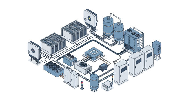 Isometric illustration of a complex industrial system with interconnected machinery and components.