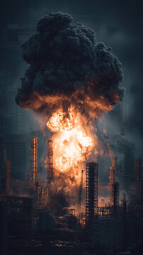 Explosion creating a towering mushroom cloud over an industrial cityscape at night, symbolizing disaster and destruction