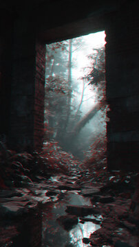 Distorted view through an abandoned structure entrance to a mysterious forest path with misty atmosphere and falling tree