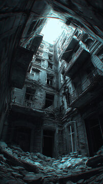Collapsing building interior showing rubble and damaged balconies, symbolizing decay, urban destruction, and neglect