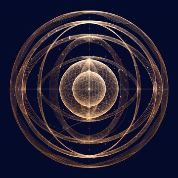 Renaissance-inspired celestial orrery diagram with golden concentric orbits and radial data visualization lines on dark background