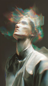 Man experiencing vivid mental activity with digital distortion and colorful light effects, representing consciousness and brain fog