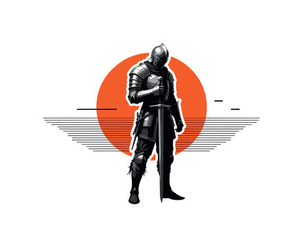 Black and white realistic dragon slayer standing with sword pointed downward, retro armor details visible, placed slightly off-center, layered with a bold