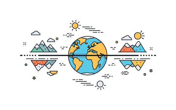 Earth equator division concept featuring a horizontal line cutting across a simplified globe, with mirrored landscape icons above and below to express climatic