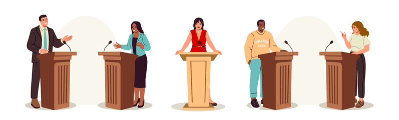 Set Political Debates. Male and female candidates speaking behind desks and compete with their opponent for leadership. Characters Calling To Vote For Them. Flat vector illustration collection
