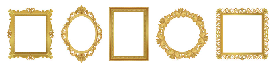 Realistic picture frames set. Vintage gold museum borders for paintings and photo at art exhibition. Round and square antique ornate frames. Flat vector illustration collection isolated on background