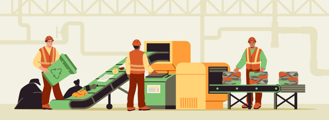 Fototapeta premium Garbage recycling conveyor. Waste recycling center employees sort and compress trash on conveyor belt. Rubbish assembly line. Caring for nature and environment. Flat vector illustration