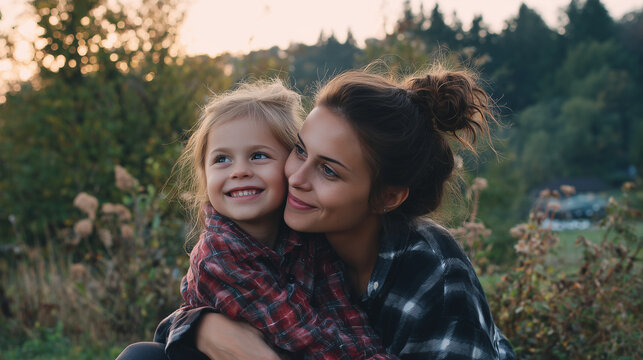 Mother and daughter embracing, sharing a loving moment outdoors, warm light falling on their happy faces