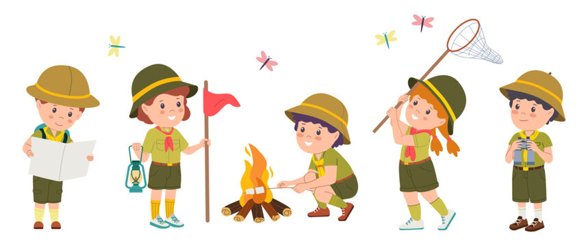 Set of happy scout children. Cute kids in uniforms with camping equipment spend weekend at summer camp. Little boy and girl scouts. Flat vector illustration collection isolated on background