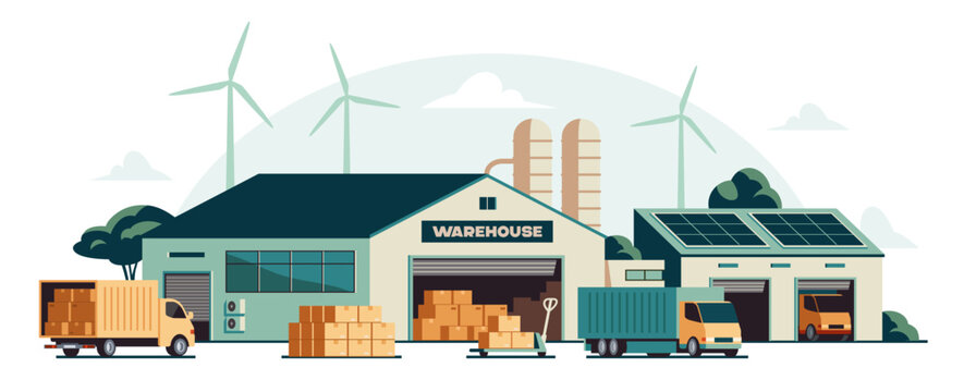 Warehouse industry. Exterior of warehouse building with employees unloading boxes from trucks. Logistics, delivery, and shipping. Distribution center. Flat vector illustration isolated on background