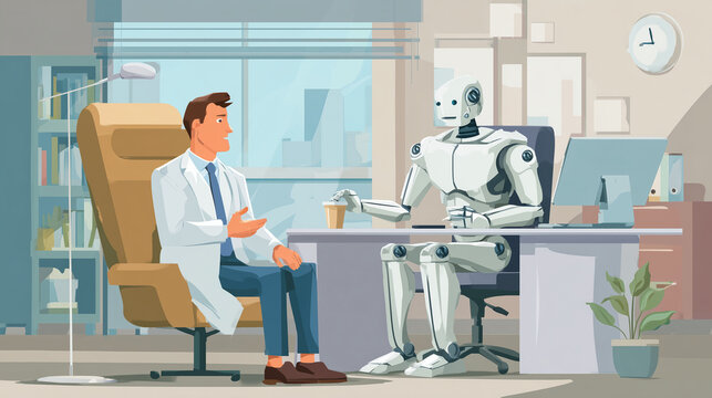 Doctor consulting with artificial intelligence robot in a modern clinic office, discussing future healthcare technology