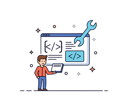 Developer fixing bugs theme centered on a simple screen with brackets and code symbols while a small wrench icon hovers nearby, expressing technical refinement