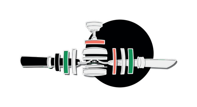 A monochrome exploded view of a ceiling fan blade separated into geometric segments, flat rectangles and cylinders representing structure, large bold circle