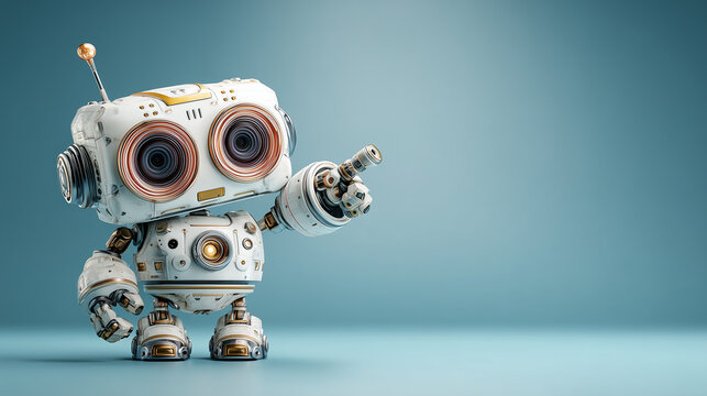 Cute white robot presenting blank copy space, representing AI, new ideas, future technology, and information direction