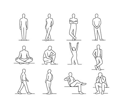 Minimal Human Poses. Minimalistic set one-line drawing straight standing pose, contrapposto stance, crossed arms pose, hands behind back, seated cross legged
