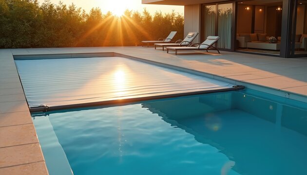Modern backyard swimming pool with automatic safety cover at sunset. Luxury residence features clean blue water. Sun shines on clean water. Relaxation and leisure time.