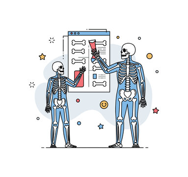 Human skeleton interacting with a digital anatomy chart showing labeled bones, emphasizing modern education, learning, and skeletal study. Minimalist flat