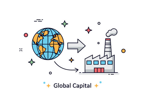 Foreign direct investment illustrated by a globe icon connected with a bold arrow to a factory building symbolizing cross border capital flow. A subtle ?Global
