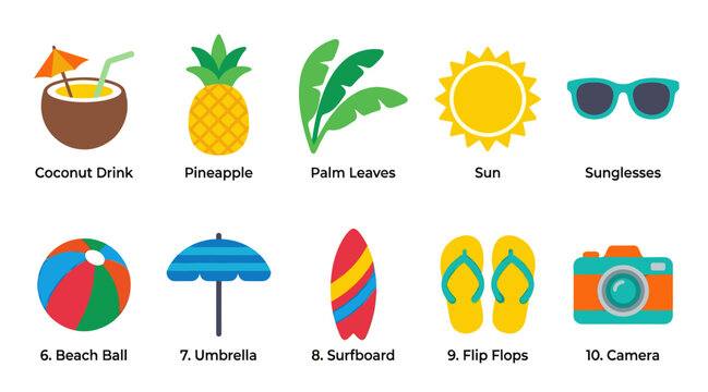 A collection of flat design vector icons representing summer vacation elements like a coconut drink, pineapple, palm leaves, sun, sunglasses, beach ball, umbrella, surfboard, flip flops.