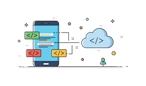 Mobile app coding smartphone screen connected to small code brackets and cloud icon, expressing deployment and digital innovation. A dynamic concept