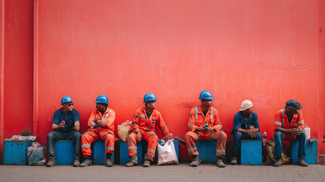 Industrial construction workers relaxing during break against red wall, showcasing workforce and downtime