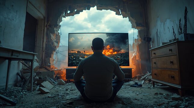 Man sitting in a ruined room watching war explosions and smoke on a television, evoking modern conflict, ww3 fears, and worldwar destruction