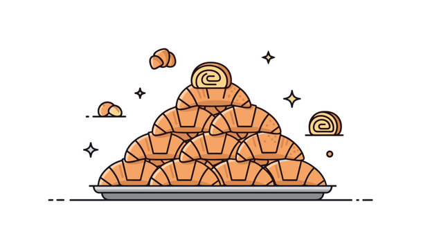 French pastry counter freshly baked croissants stacked in a tidy pyramid formation on a display tray, conveying abundance and craftsmanship. A compact badge
