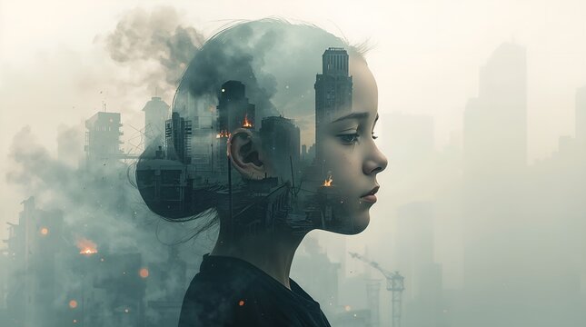 Double exposure portrait of a young girl over a burning, smoke-filled city skyline symbolizing modern warfare, ww3 fears, and worldwar devastation