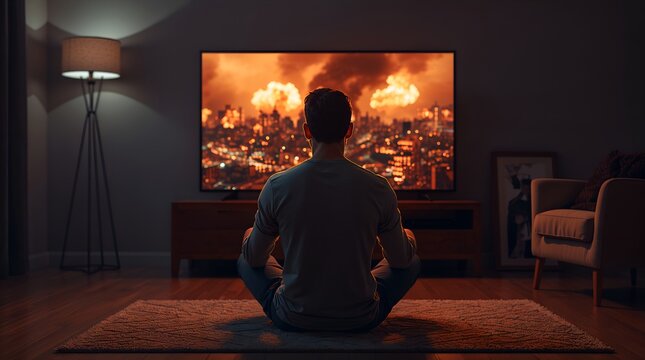 Man sitting on a living room floor watching televised city explosions and war footage on a large TV at night