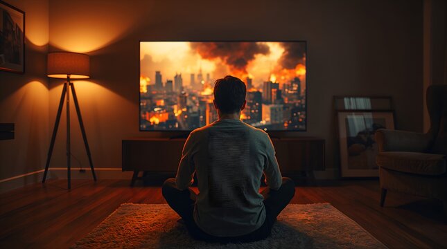 Man sitting on the floor watching televised citywide explosions and burning skyline, evoking modern warfare and WW3 fears at home