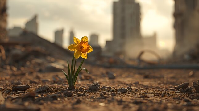Yellow daffodil blooming among rubble in a war-torn city street with ruined buildings at sunrise, symbolizing resilience and hope after conflict