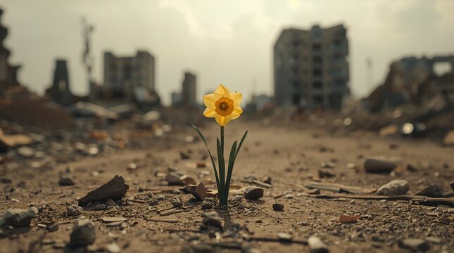 Single yellow daffodil blooming in a war-torn city street amid rubble and destroyed buildings, symbolizing hope after conflict