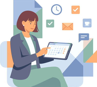 Woman sitting on couch checks calendar on tablet with office icons floating around her