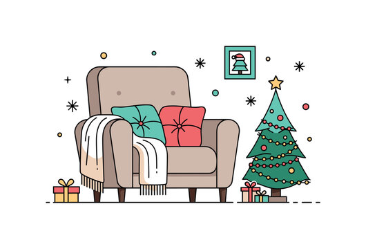 Cozy holiday home decor for winter warm armchair with soft blanket draped over the side and a small decorated pine tree glowing gently nearby. A compact
