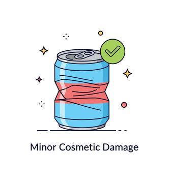 Minor cosmetic damage single dented can with small check mark icon indicating acceptable condition. A balanced concept illustration about distinguishing