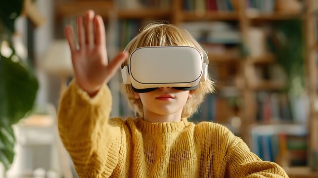 A young boy wearing a virtual reality headset and exploring a digital world
