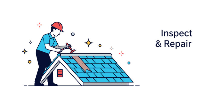 Roof inspection and repair illustrated by a worker silhouette checking shingles with a small tool. Subtle decorative stars and a concise ?Inspect & Repair?