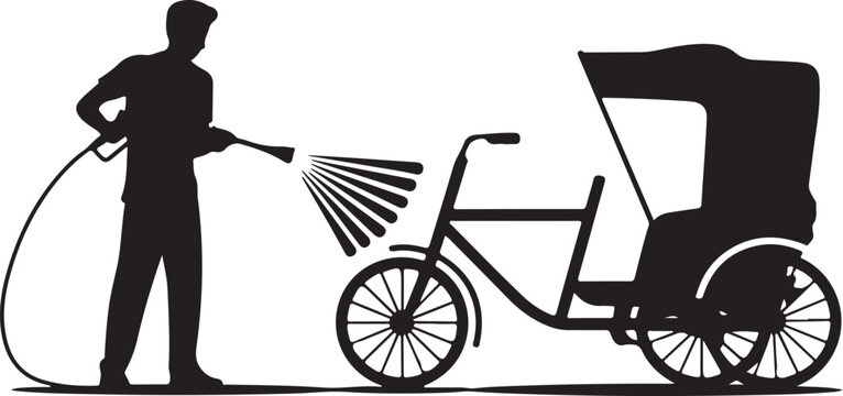 Man washing rickshaw with hose person tricycle taxi