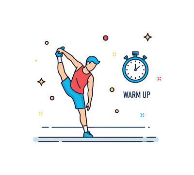 Athlete stretch before workout featuring a focused figure performing a standing hamstring stretch on a clean gym floor. A subtle stopwatch icon and small ?Warm