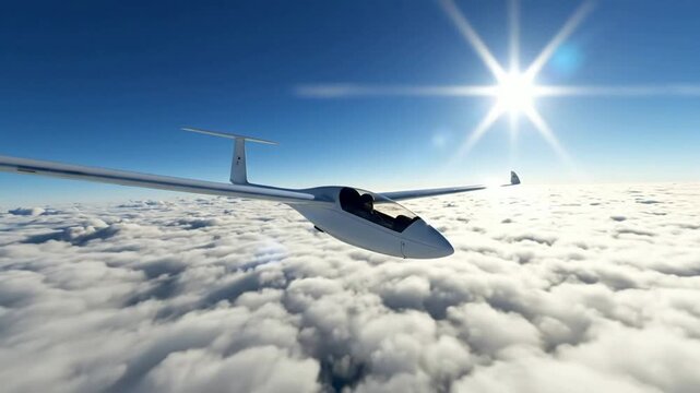 White glider aircraft soaring gracefully above a vast sea of fluffy white clouds under a sunlit blue sky capturing the essence