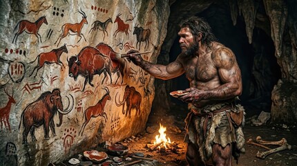 Caveman painting prehistoric animals on a cave wall. Primitive man creating rock art with red pigment by firelight. Neanderthal human history concept