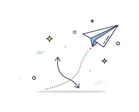 Overcoming setbacks illustrated by a paper airplane that has dipped downward but curves back upward along a dotted path, representing renewed direction after