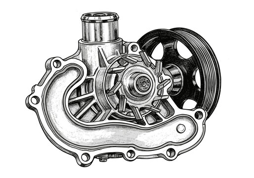 Detailed illustration of a car's water pump assembly with impeller and pulley