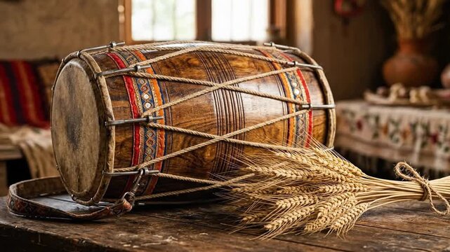 A traditional indian dhol drum with golden wheat stalks on a rustic table, symbolizing baisakhi celebrations in warm, earthy tones.