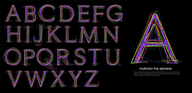 Multicolor Line Alphabet Typeface With Neon Glitch Letters on Black Background for Typography Design