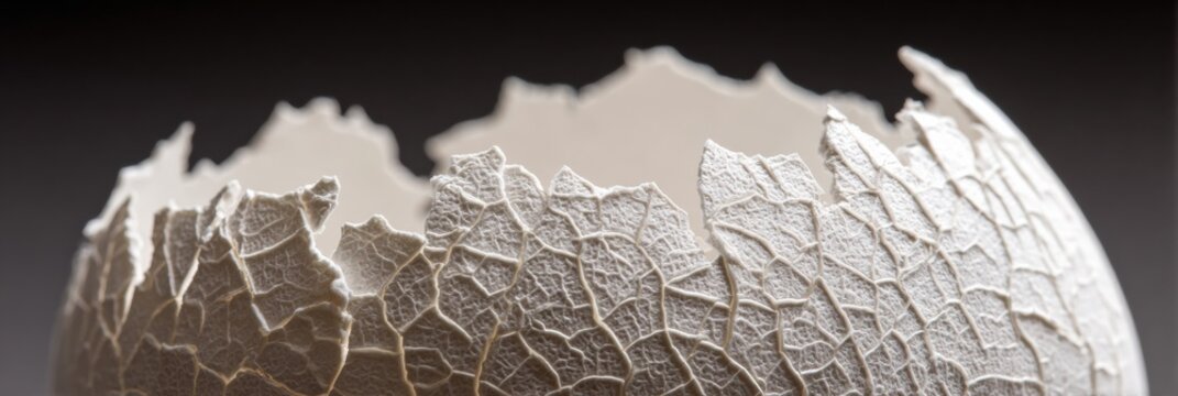 Cracked eggshell shows details of membrane through fissures, highlighted by soft neutral light, revealing natural textures and patterns.